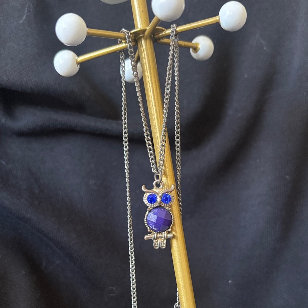 Silver Owl Pendant Necklace with Deep Blue Gemstone